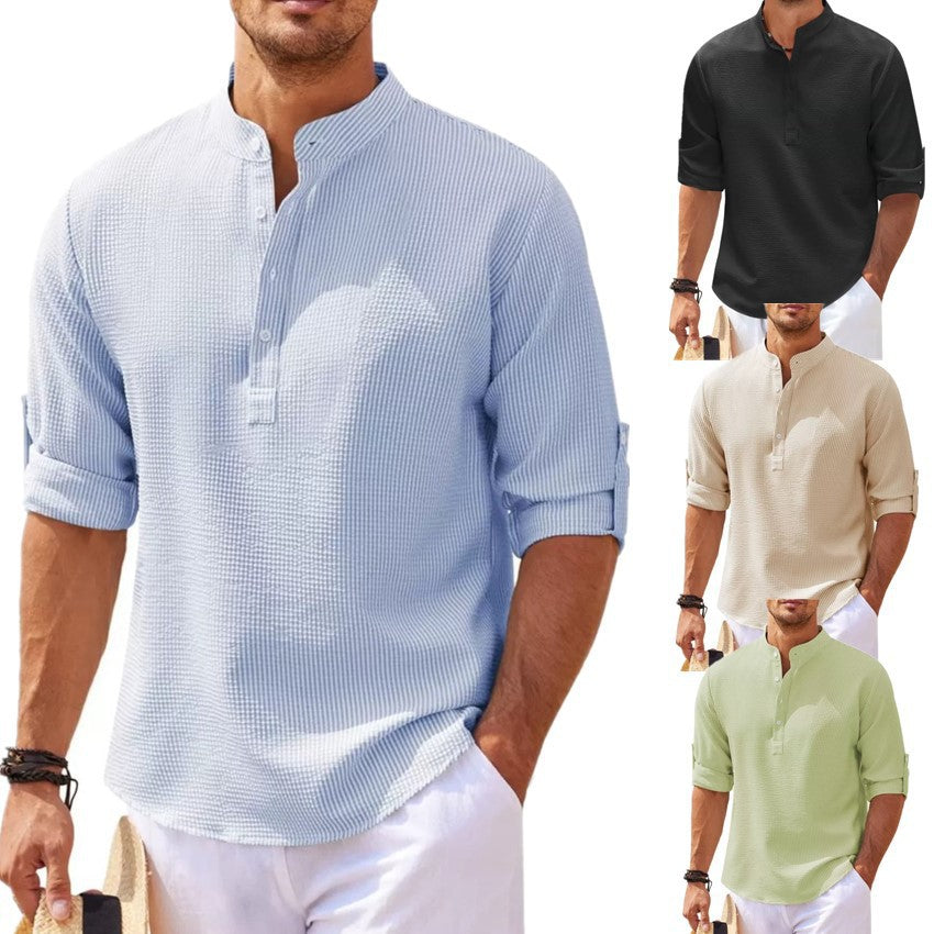 Chinese Collar Button-down Textured Shirt