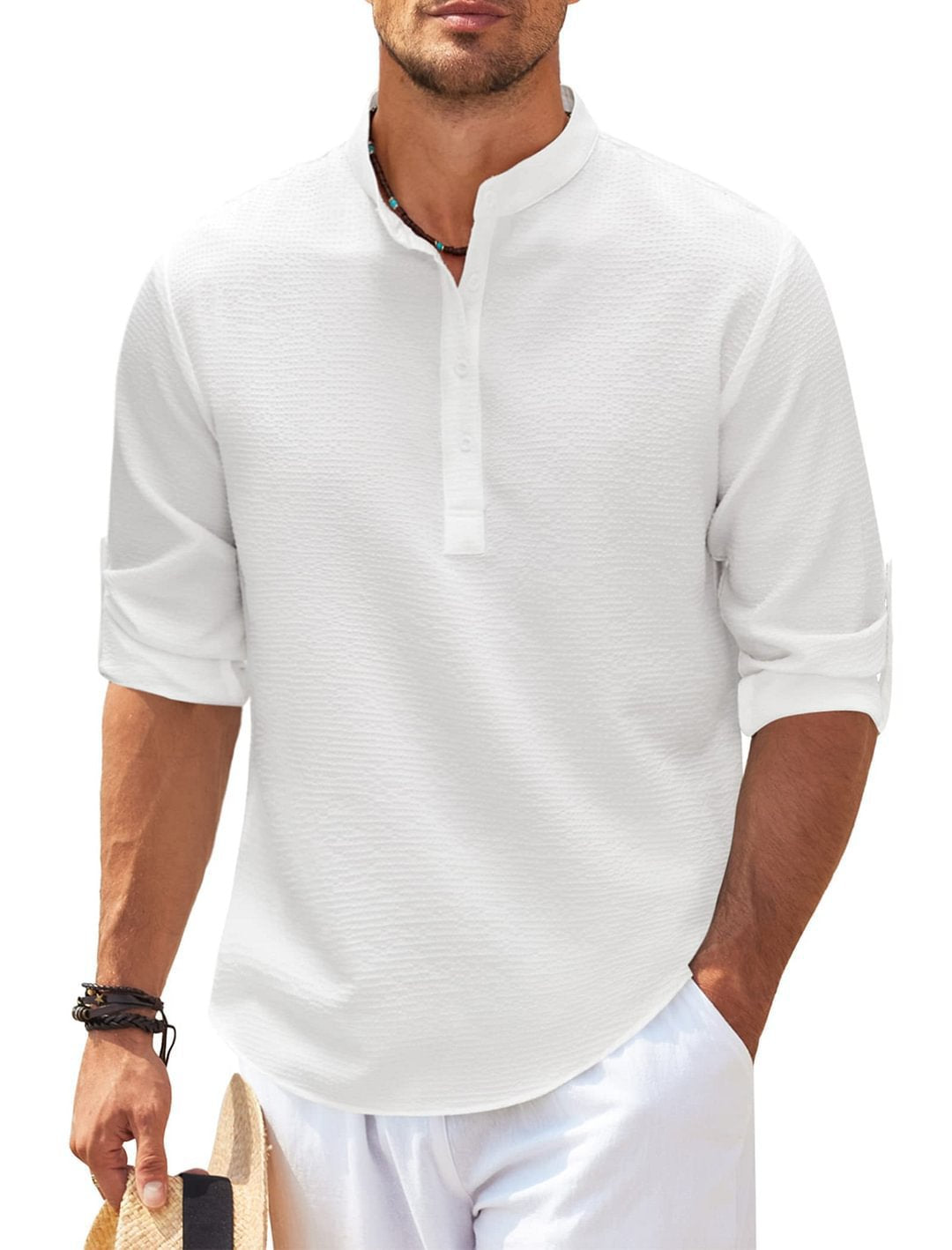 Chinese Collar Button-down Textured Shirt