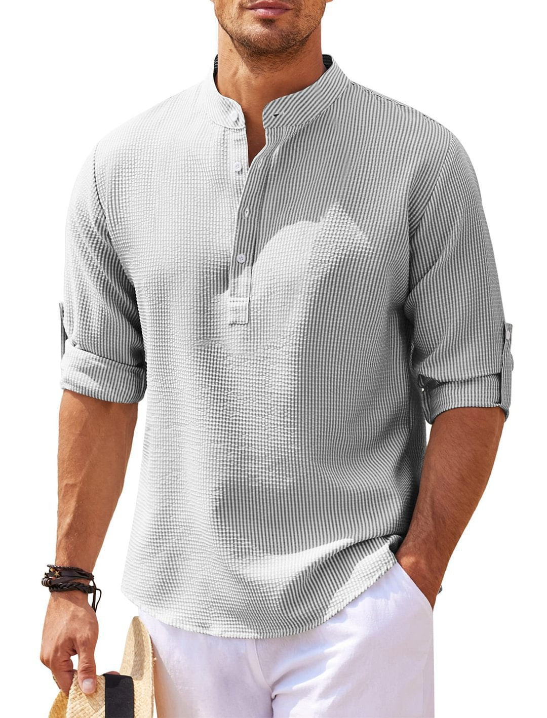 Chinese Collar Button-down Textured Shirt