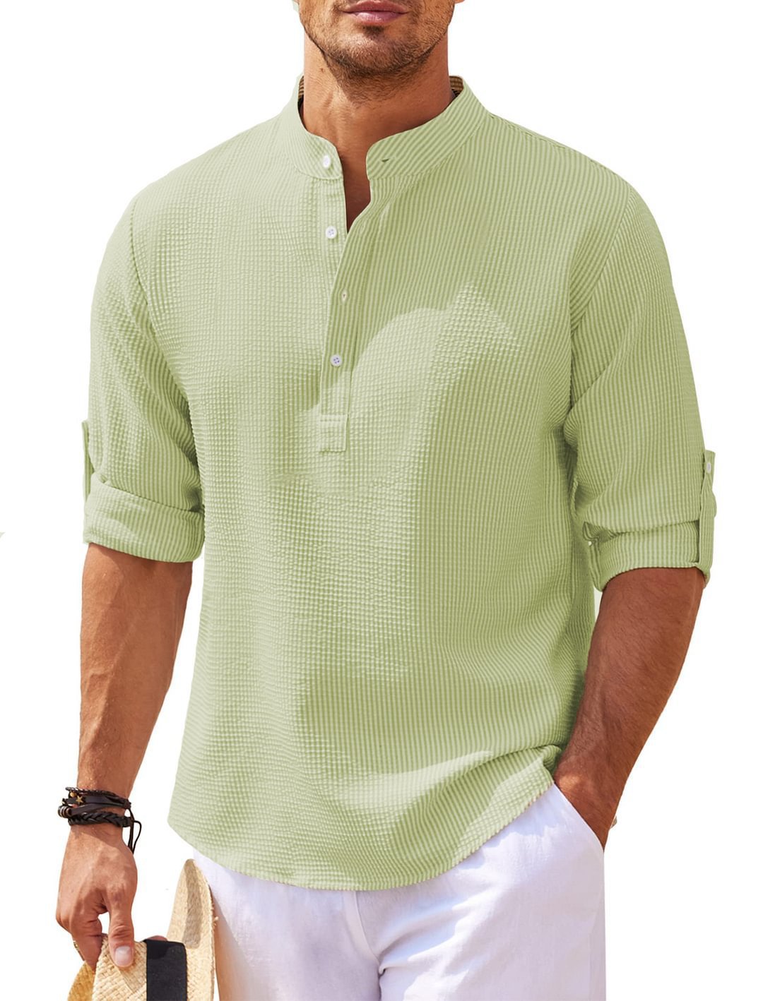 Chinese Collar Button-down Textured Shirt