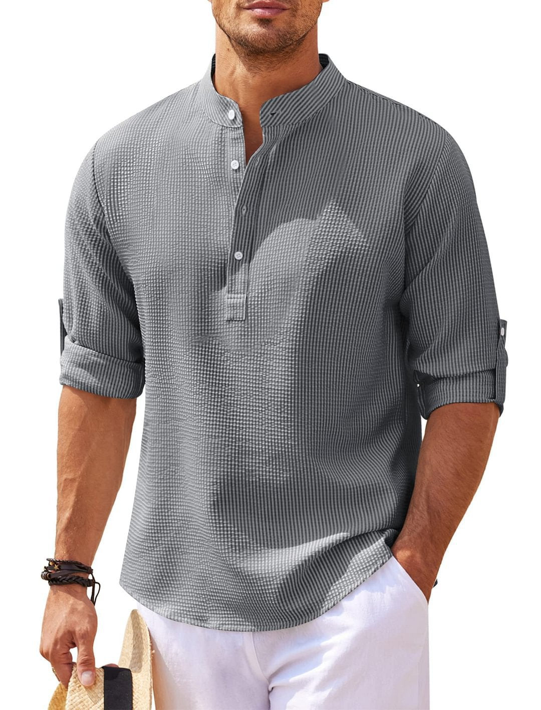 Chinese Collar Button-down Textured Shirt