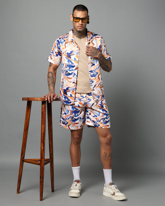 Abstract Printed Short Sleeve Shirt & Shorts with Pockets Co-ord Set