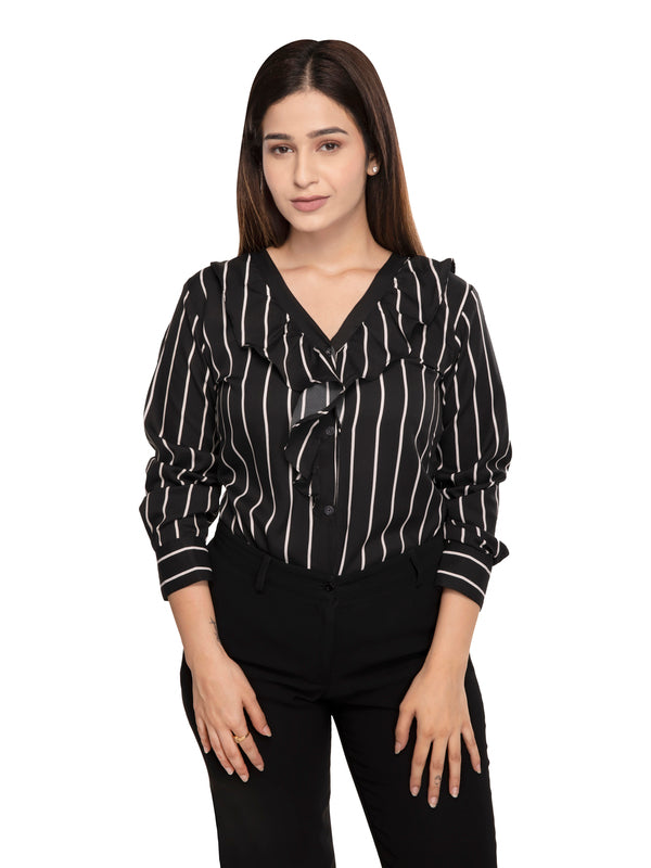 Classic Stripped Frill Neck Shirt