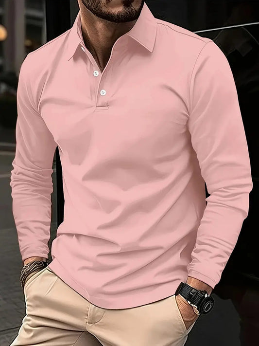 Buckle Men's Daily Casual Polo Collar Long Sleeve Shirt