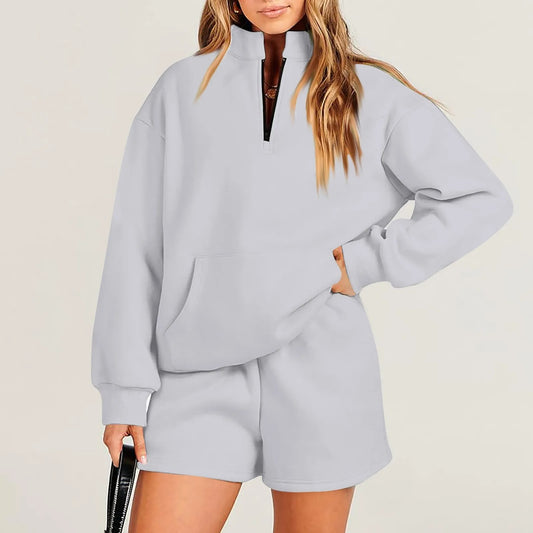 Long Sleeve Zipper Pullover Sweater & Shorts Co-ord Set