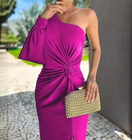 One Shoulder Knot Slit Solid Color Slim Fit Dress