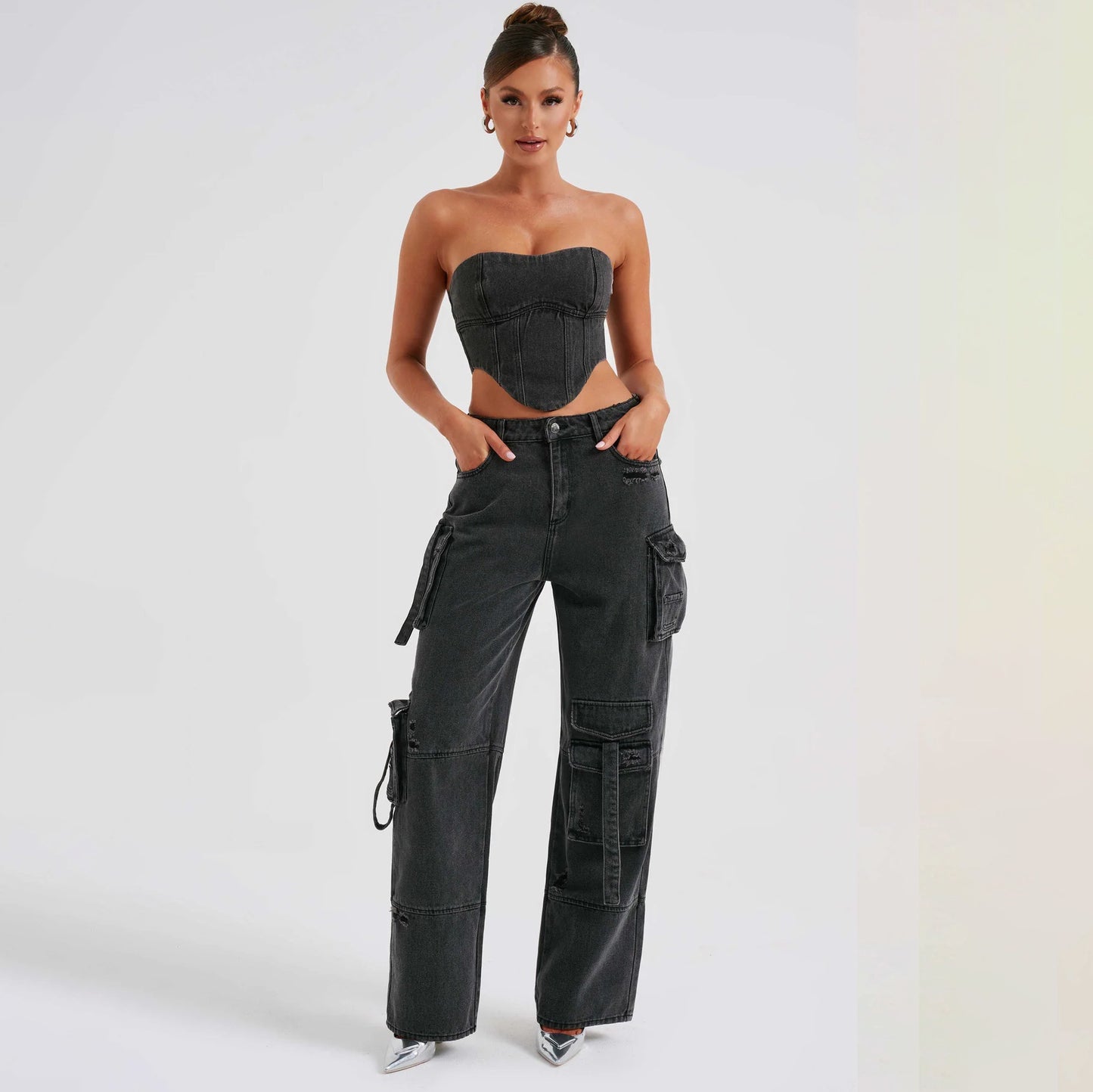 Tube Top & Low Waist Pocket Jeans Pants