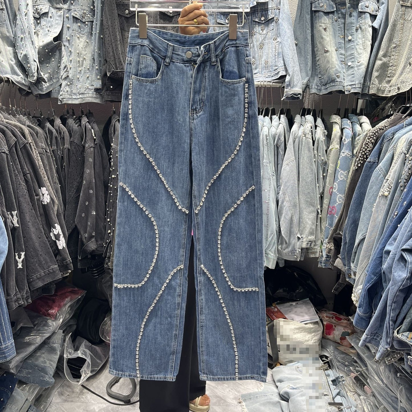 Rhinestone Design Wide-Leg Trousers