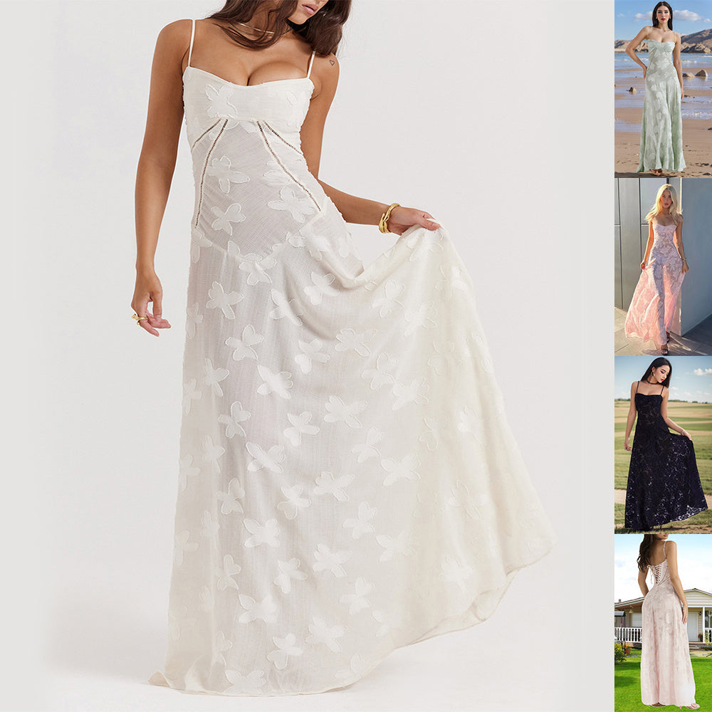 Flowers Lace Back Tie-up Strap Dress