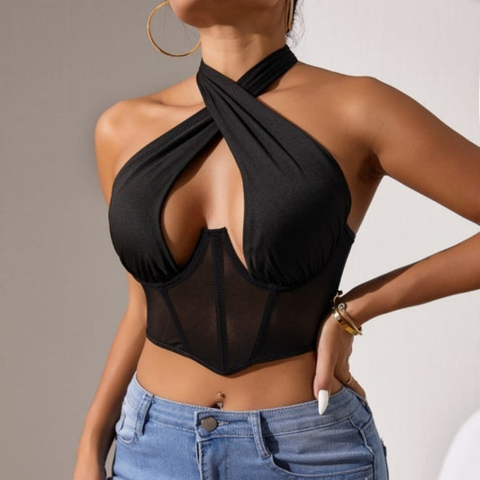 Sheer Mesh Cross-Halter Neck Corset Top