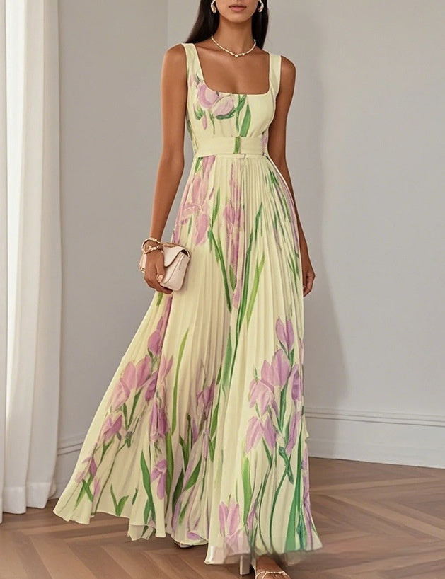 Pleated Floral Printed Long Dress