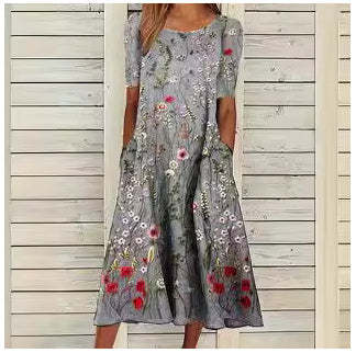 Casual Cotton Linen Short Sleeve Pocket Dress