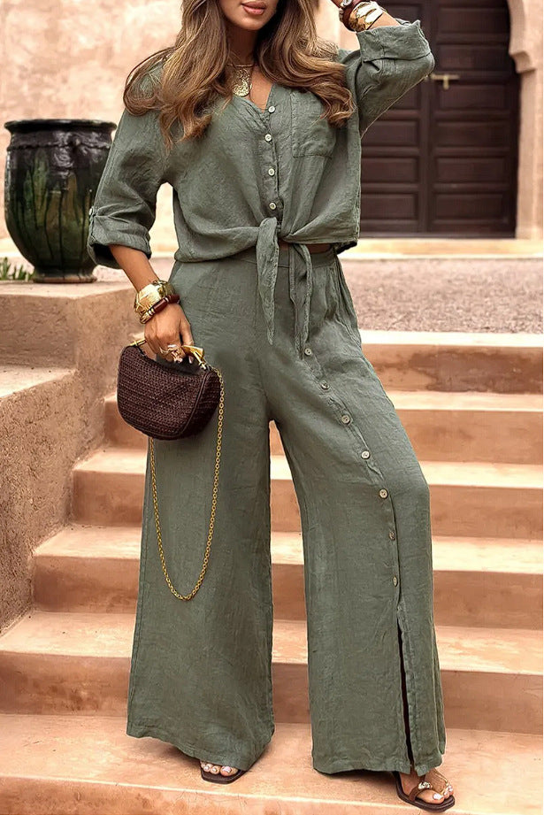 Lapel Shirt & Slit Button Trousers Co-ord Set