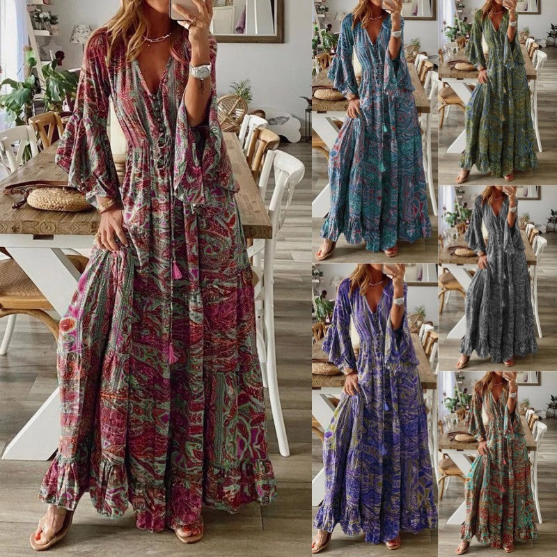 Bohemian Flare Sleeve Printed V-neck High Waist Floral Dress