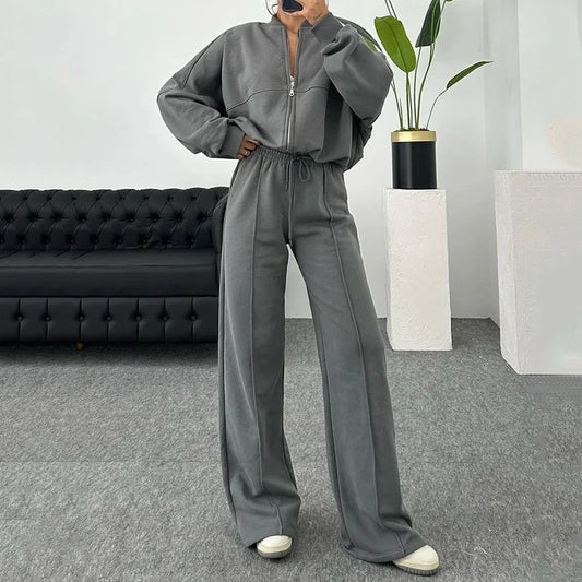 Solid Color Loose Zip Sweater & Casual Trousers Co-ord Set