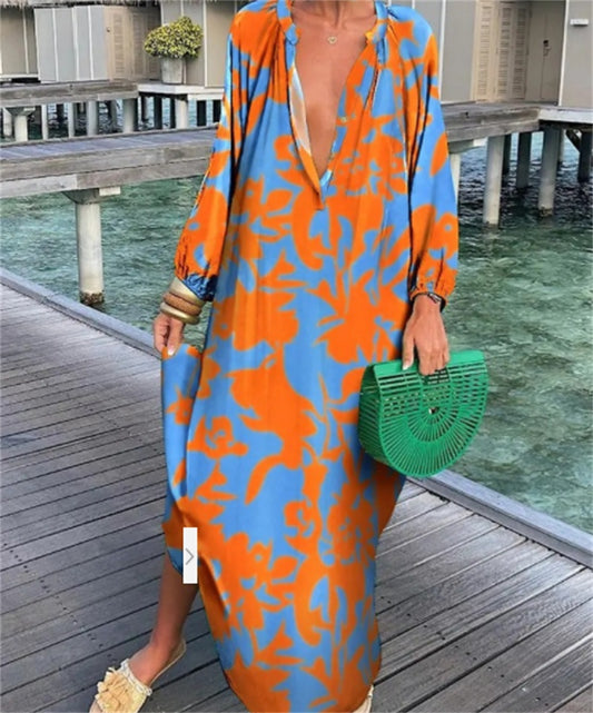 Printed Long Sleeve V-Neck Swing Loose Long Dress