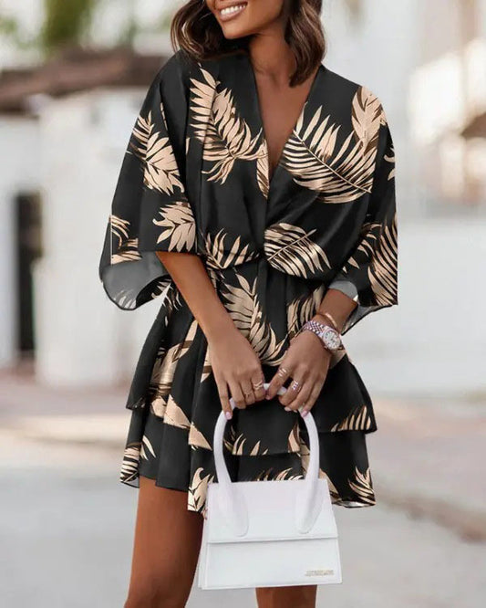 Printed V Neck Twisted Waist Dress