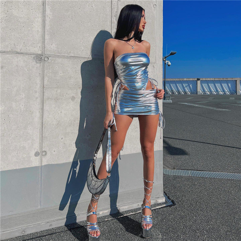 Metallic Drawstring Bodysuit with Skirt