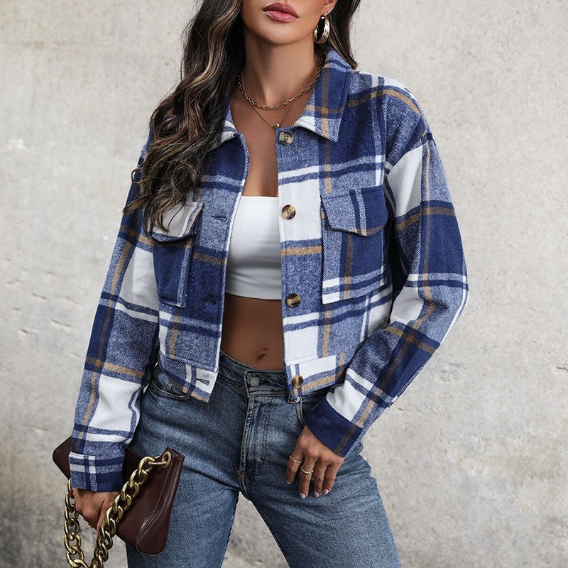 Plaid Lapel Cropped Jacket With Pockets