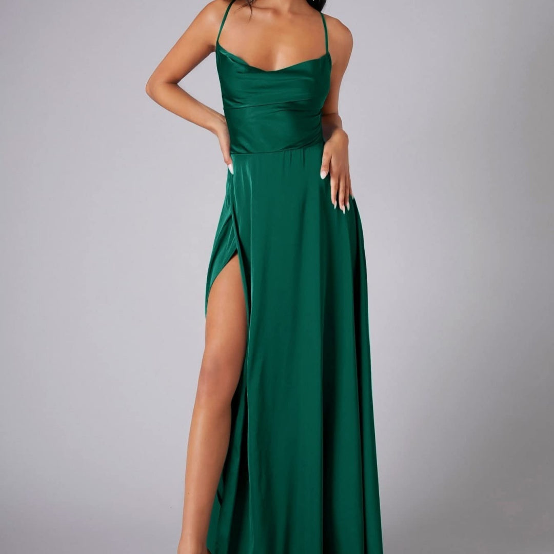 Satin Cowl Neck Wrap Style Gown Dress