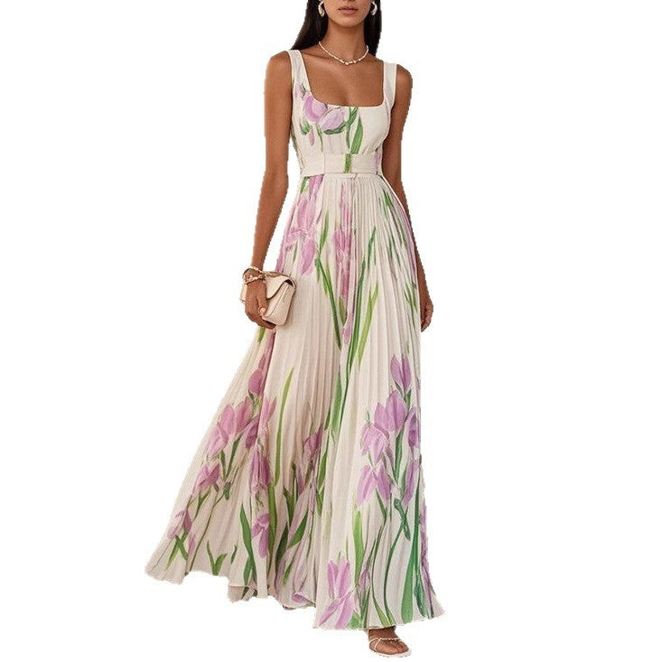 Pleated Floral Printed Long Dress