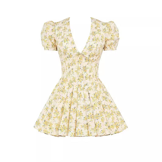 V-neck Puff Sleeve Dress Yellow Floral Pleated Dress