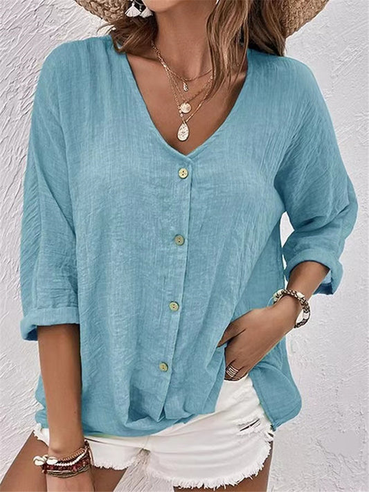 V-neck Button-down Chiffon Long Sleeve Top