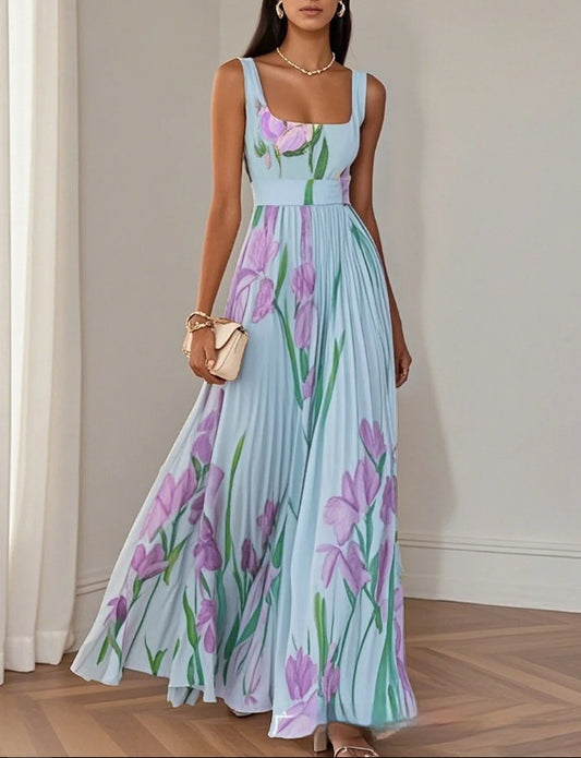Pleated Floral Printed Long Dress