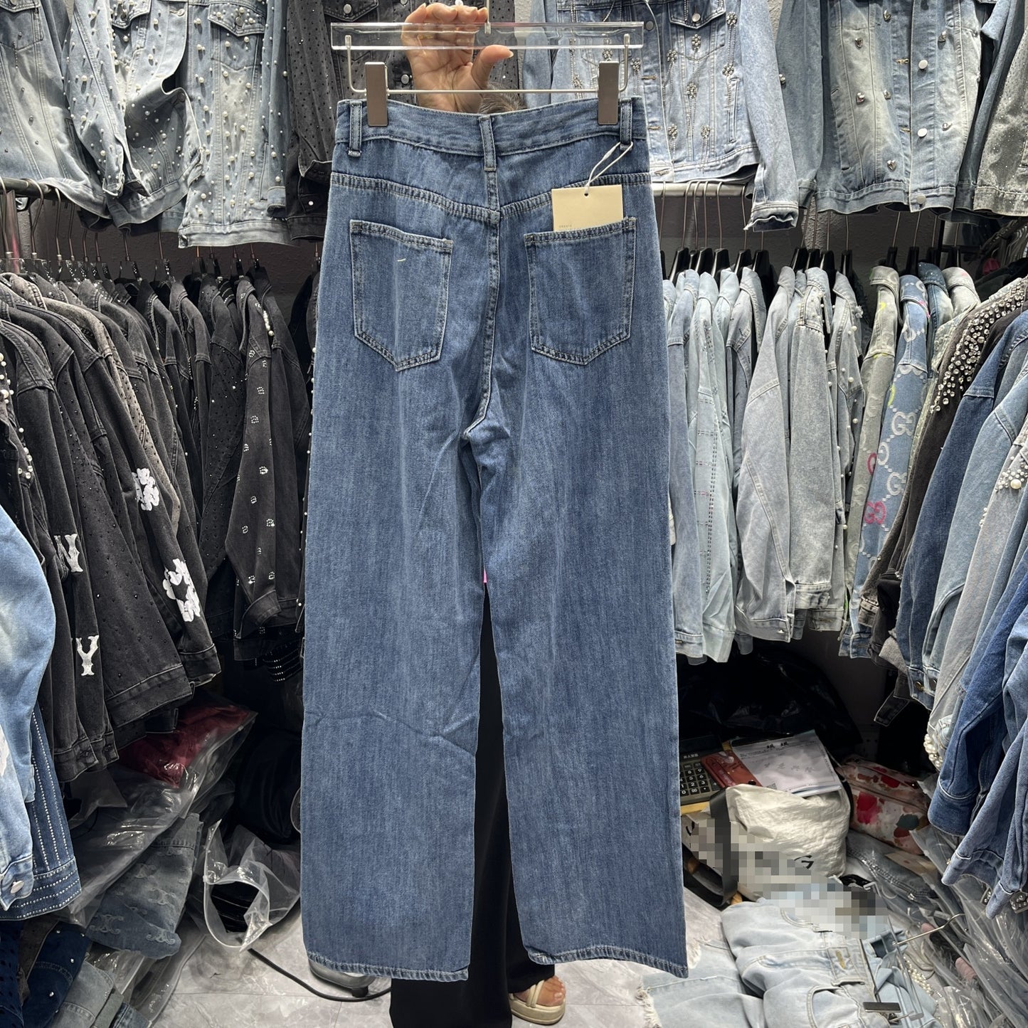 Rhinestone Design Wide-Leg Trousers