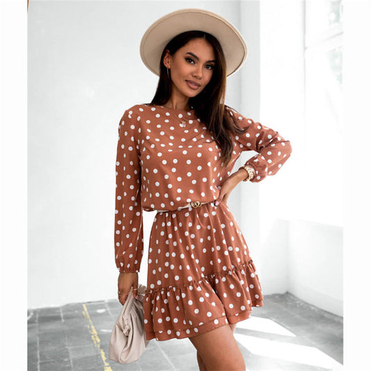 Long Sleeve Round Neck Printed Tiered Dress