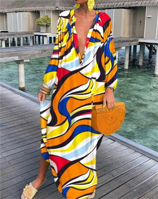 Printed Long Sleeve V-Neck Swing Loose Long Dress
