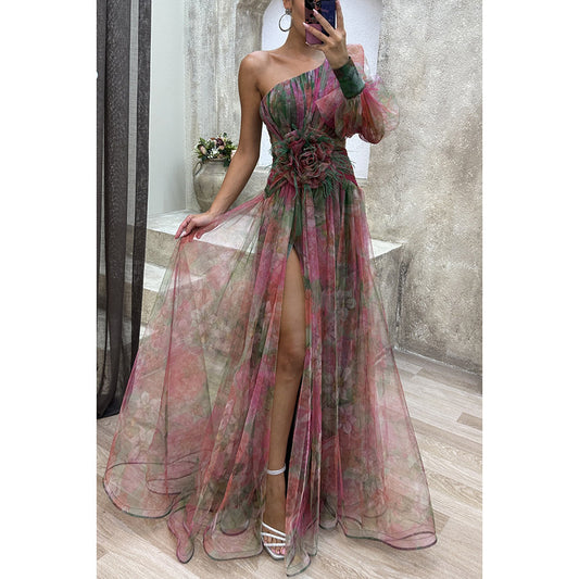 Mesh Printed Off-shoulder Slit Dress