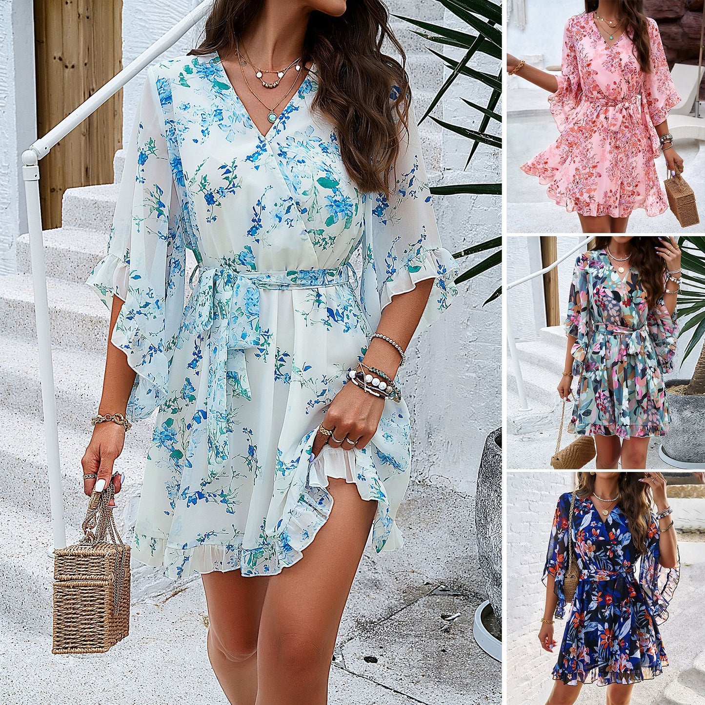 Floral Short Sleeves Ruffle Dress