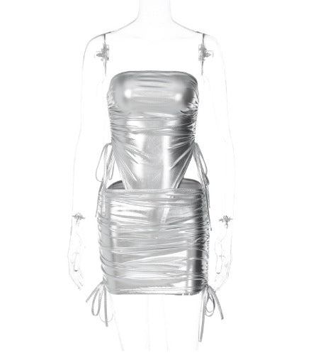 Metallic Drawstring Bodysuit with Skirt