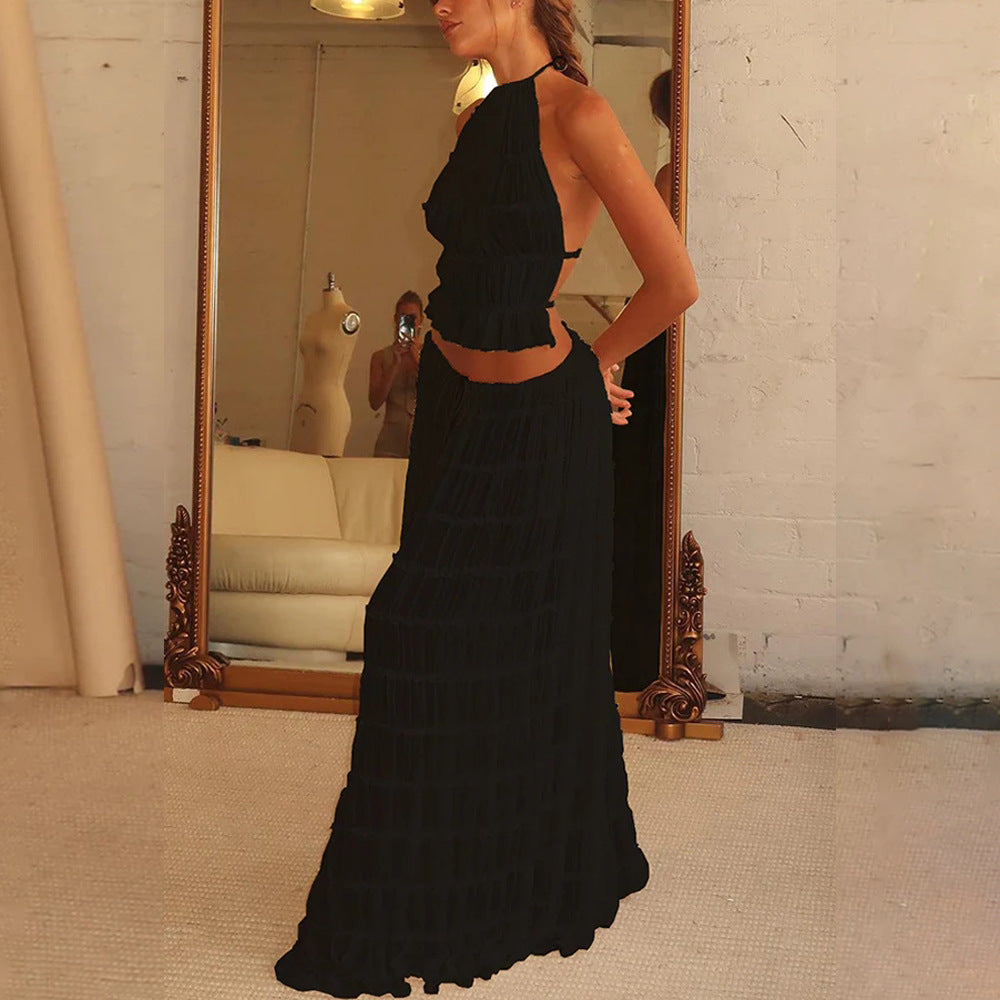 Sheer Backless Cropped Halter Top And Pleated Long Dress Co-ord Set