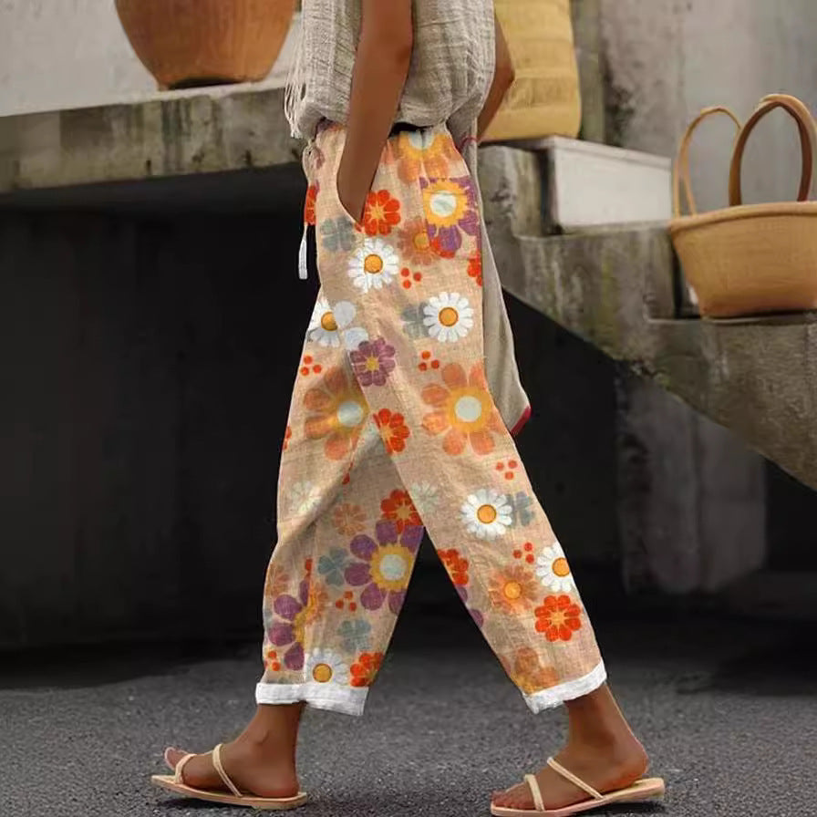 Casual Printed Elastic Waist Cropped Straight Pants with Pocket