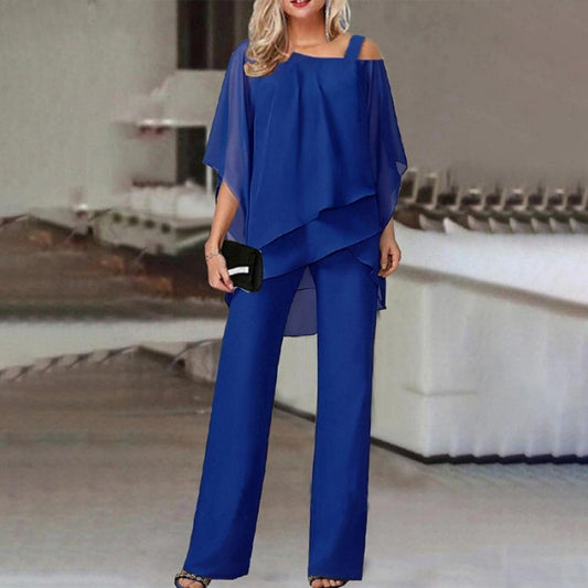 Asymmetrical Batwing Sleeve Top & Straight Trousers Co-ord Set