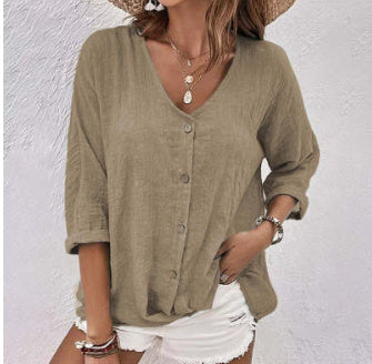 V-neck Button-down Chiffon Long Sleeve Top