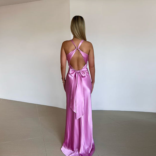 Backless Bow Satin Halter Dress