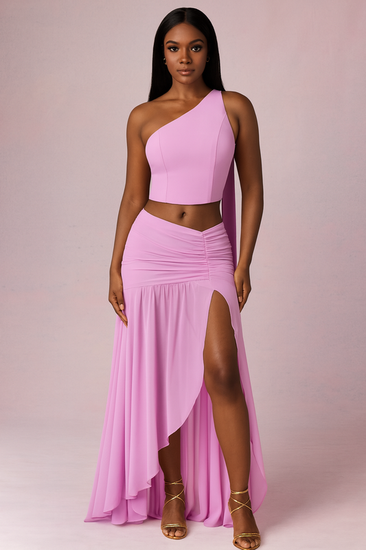 One-Shoulder Ruched Slit Maxi Co-ord Set