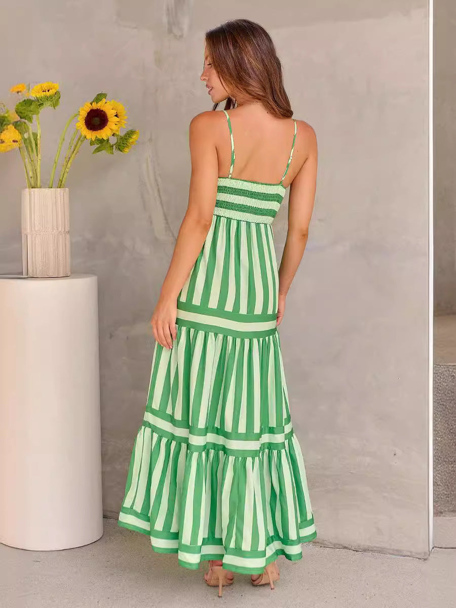 Striped Printed Long Summer Dress With Pockets