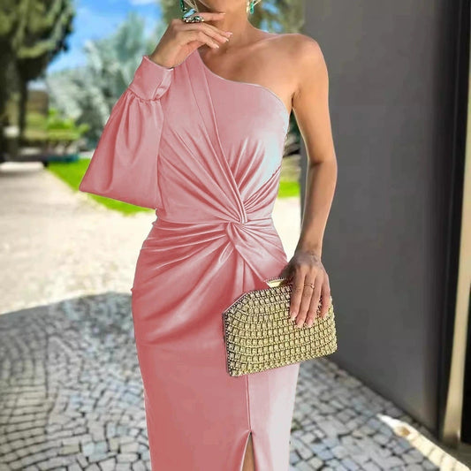 One Shoulder Knot Slit Solid Color Slim Fit Dress