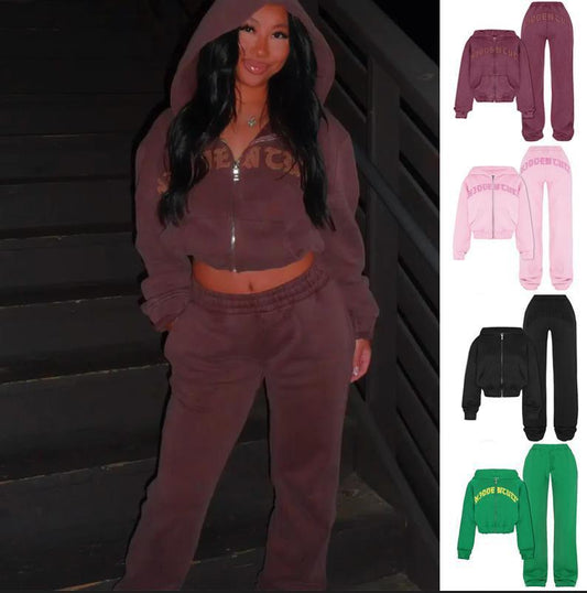 Zip-up Hooded Cropped Sweatshirt Top & Loose Drawstring Trousers Co-ord Set