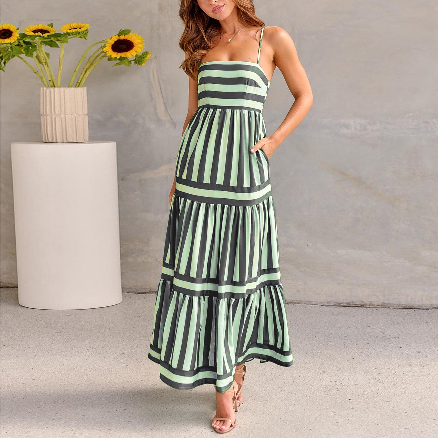 Striped Printed Long Summer Dress With Pockets