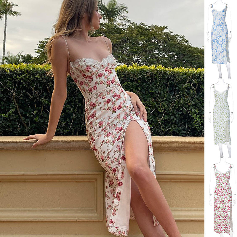 Lace Flowers Print Long Slit Dress