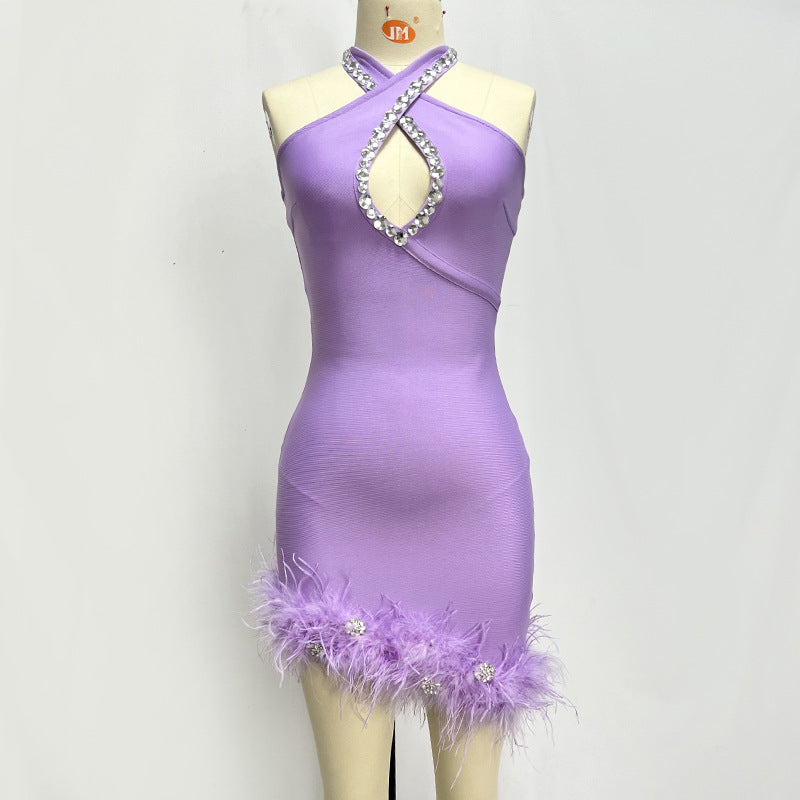 Halter Rhinestone Feather Dress