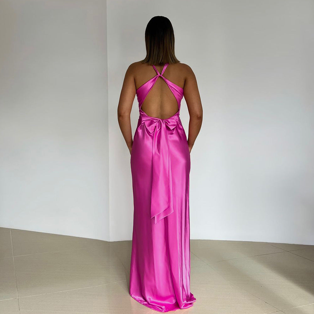 Backless Bow Satin Halter Dress