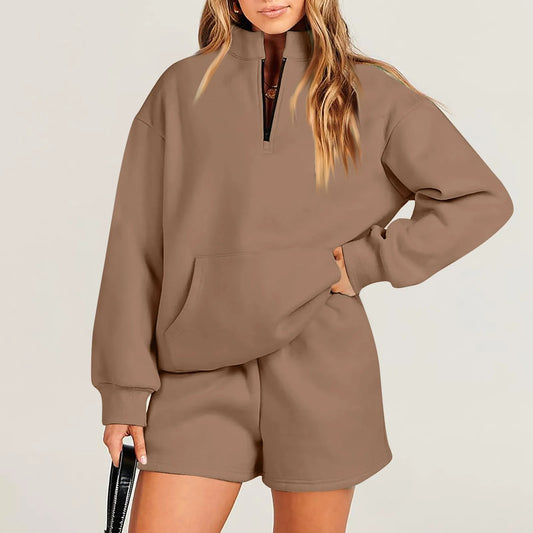 Long Sleeve Zipper Pullover Sweater & Shorts Co-ord Set