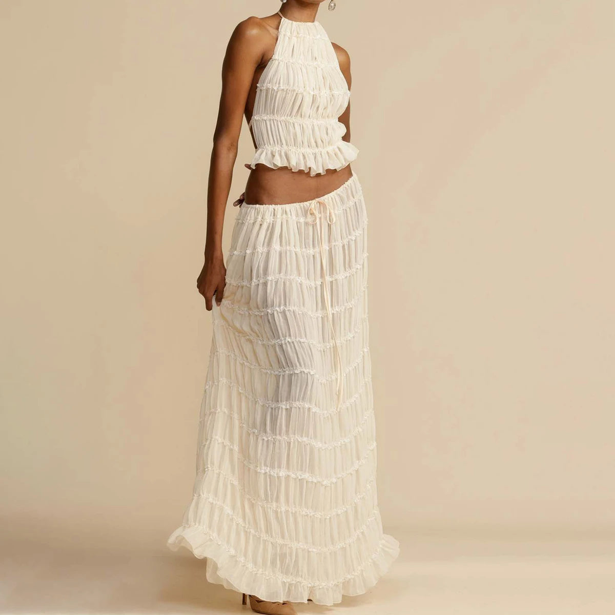 Sheer Backless Cropped Halter Top And Pleated Long Dress Co-ord Set