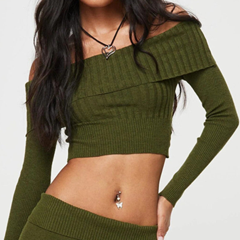 Off-shoulder Flapped Long Sleeve Crop Top